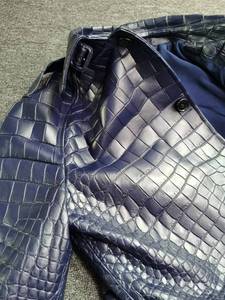 Men's Blue 100% Crocodile <b>Leather</b> <b>Long</b> <b>Jacket</b> With Turn-down Collar Formal Winter Coat proof Thick Single Breasted - Product Image 2