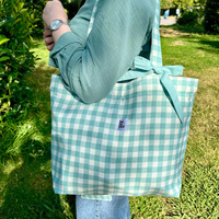 Sac fourre-tout coréen en toile à carreaux vichy avec nœud décoratif, grand sac à bandoulière écologique pour femme, idéal pour le quotidien et le shopping, vente en gros