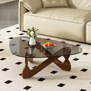 Table basse ovale moderne avec plateau en verre trempé, base en bois, design mid-century, meubles de salon - Product Image 1