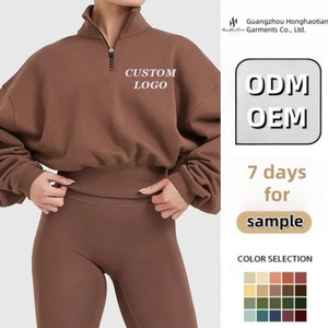 Nuovo Design logo personalizzato <span class=keywords><strong>marca</strong></span> Crop da <span class=keywords><strong>donna</strong></span> con Zip larga cintura in cotone spugna 1/4 <span class=keywords><strong>felpa</strong></span> <span class=keywords><strong>felpa</strong></span> con cappuccio mezza Zip - Product Image 1