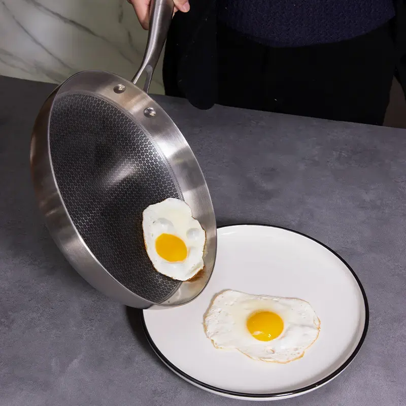 맞춤형 식품 안전 3 층 스테인레스 스틸 18/10 논스틱 벌집 패턴 대형 계란 프라이팬 세트