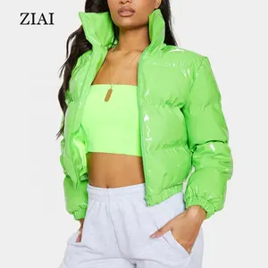 Moda kadın Neon yeşil parlak balon ceket kırpılmış kabarcık kış ceket pamuk yastıklı ceket