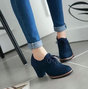 Printemps et automne chaussures simples en cuir bouche profonde talons hauts femmes à lacets talons épais chaussures simples tête ronde chaussures pour femmes - Product Image 4