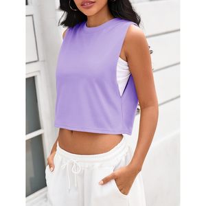 Fisoew Women's <b>Cropped</b> Tank <b>Top</b> Sleeveless Hollow Out Crew Neck Loose Fit Athletic Summer Basic Tee - Product Image 2