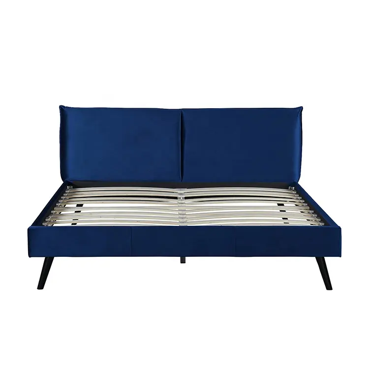 Willchannel gümüş kanal kumaş çift kişilik yatak mavi yumuşak başlık platform yatağı ahşap bacak fabrika toptan mobilya ile