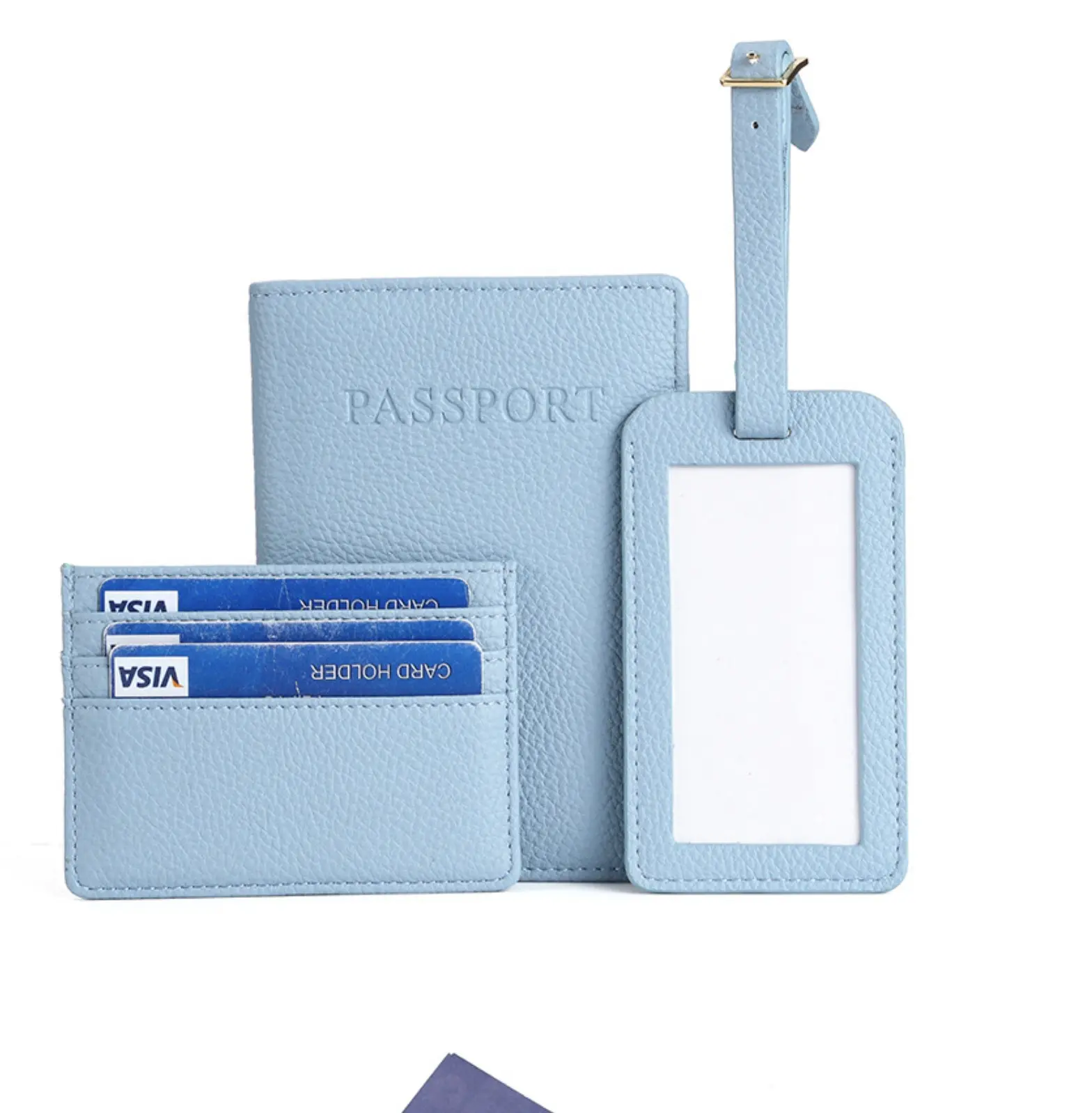 New Design Pu Leather Promotion Gift Lychee Pattern Card Holder Luggage Tag Passport Holder Set