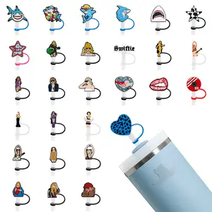 Nuevo diseño tazas accesorios reutilizables personajes de películas de dibujos animados bebidas serie 8 mm lindo Topper de silicona pajita