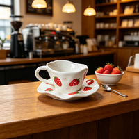 Tasse à café et soucoupe en céramique en forme de fraise façonnée à la main, 200 ml, forme ondulée irrégulière, pour la maison et le café