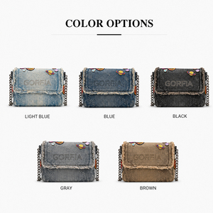 Bolso de hombro de mezclilla lavada a la moda para mujer, con correa de cadena, solapa y decoración de parches, estilo casual urbano - Product Image 6