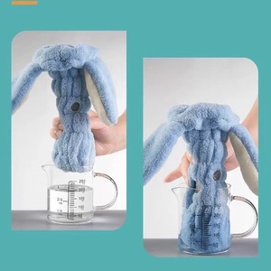 Gorro de ducha de conejito de dibujos animados para niños, gorro de secado de pelo elástico de lana coral, de felpa gruesa, blanco, azul, rosa - Product Image 2