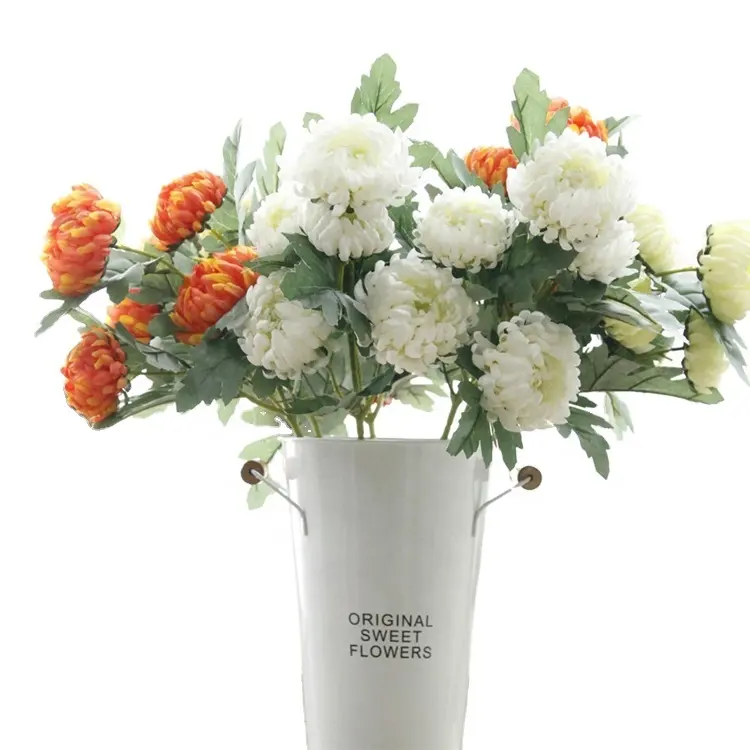 QSLH-AFE923 Soie 5 Têtes Blanc Fleur De Chrysanthème Artificiel pour la Décoration