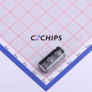 Condensador Electrolítico de Aluminio de Orificio Pasante EEUEB1V471, Componente de Orificio Pasante THT, D10xL20mm 470uF 20% 35V 349mA-120Hz - Product Image 1