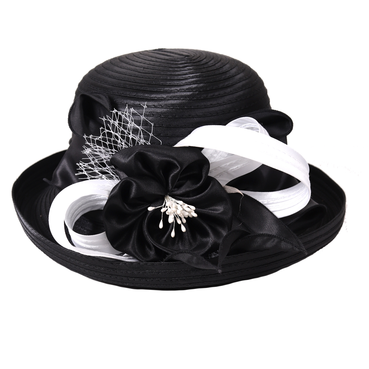 Black Flower Accented Dressy Hat Church Hat Kentucky Derby Hat Tea Party… M34-2 (white/black/fuchsia ) Kentucky Derby Hat Church Hat  main image 4