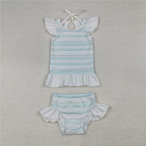 Ensemble de maillots de bain pour frères et sœurs, garçons et filles, bleu clair à rayures, haut à manches longues, short avec fermeture éclair au dos - Product Image 5