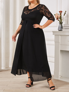 Nouveau design de mode d'<span class=keywords><strong>été</strong></span> Dentelle florale <span class=keywords><strong>noire</strong></span> Col rond Demi-manches Minceur Robes longues grande taille pour femmes - Product Image 2