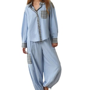 Hot Selling Design Primavera Casual Loungewear Camisa Calça Conjuntos de Correspondência Xadrez 2 Peças Pijama Sleepwear Terno - Product Image 4