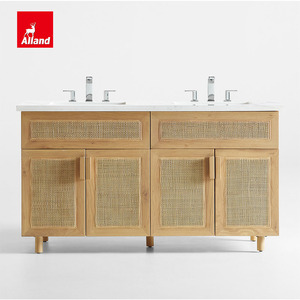 Meuble-lavabo moderne Allandcabinet sur mesure avec cadre en bois et porte en <span class=keywords><strong>rotin</strong></span>, double vasque encastrée sous le meuble pour salle <span class=keywords><strong>de</strong></span> bain - Product Image 2