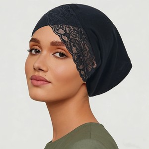 Turban décontracté en dentelle délicate, couleur unie, pour femme musulmane, bonnets hijab simples en dentelle, foulard. - Product Image 4