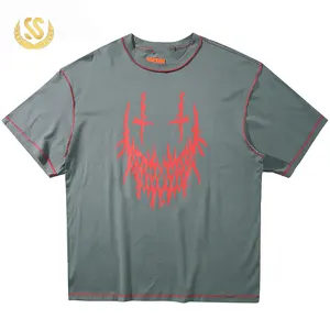 Camiseta de algodão de manga curta, grande, de alta qualidade, masculina, reversa, streetwear, impressão de devil escuro, camiseta solta