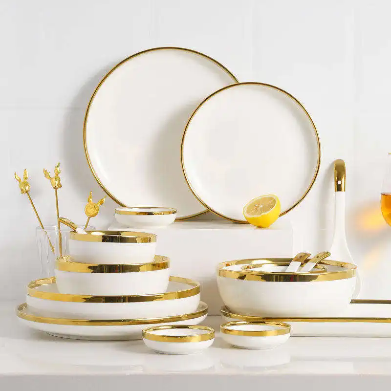 Luxury Nordic Style Gold Rim Crokery Fine Bone China Tableware Porcelain Ceramic dishes Plates Dinne