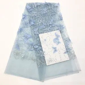 New Butterfly Mesh Bead Tube Embroidery 3D Applique Pearl Sequin Embroidery High-end Dress Lace Fabric