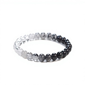 Bracelet extensible unisexe en quartz rutilé noir naturel et obsidienne, perles rondes, bijoux fantaisie en pierres précieuses - Product Image 6