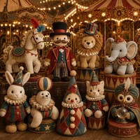 Lot de Peluches Vintage Thème Cirque : Lion, Éléphant, Clown, Lapin, Phoque, Carrousel – Jouets en Peluche Doux Personnalisables avec Logo – Vente en Gros Direct Usine