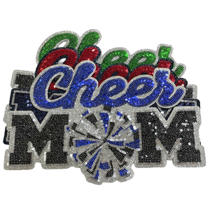 Toppe in denim con paillettes personalizzate di alta qualità per l'estate, verdi e rosse, termoadesive, per <span class=keywords><strong>abbigliamento</strong></span> femminile, borse, cappelli, principalmente in PVC, 'Cheer MOM' 'MAMA' - Product Image 4