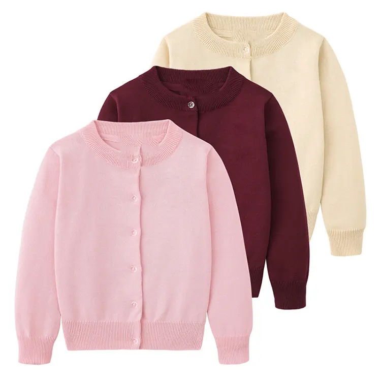 लड़कियों शरद ऋतु Roundneck कार्डिगन स्वेटर कपास स्कूल वर्दी बटन लंबी आस्तीन बुनना स्वेटर में सबसे ऊपर शुद्ध कपास शाल