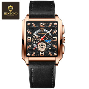 Binbond Square Skeleton Quartz Watch Men's Leather Strap Moon Phase Analog 30M Waterproof B6575 - Product Image 5