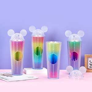 Nuevo diseño lindo ratón oreja 24oz 710ml vaso de plástico de doble pared taza para beber frío con pajita y tapa de oreja de ratón portátil - Product Image 2