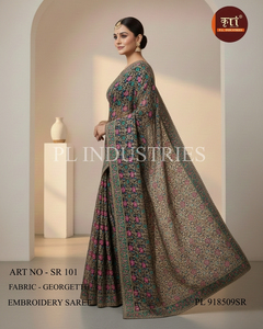 Sari en Georgette et Lin Pastel de Qualité Supérieure avec Broderie Lourde, Design Moderne pour le Bureau, les Fêtes, les Festivals et Toutes les Saisons - Product Image 4