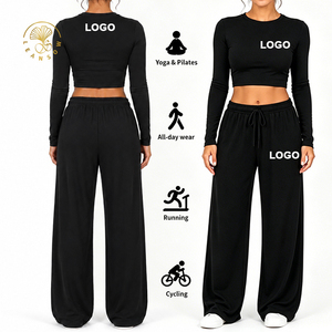 Conjunto Deportivo de 2 Piezas con Logotipo Personalizado del Fabricante, Color Sólido, Informal, Manga Larga, Cierre con Cordón, Pantalones Anchos, para Yoga - Product Image 2
