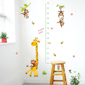 Monyet Lucu dan Jerapah Lebah Tinggi Stiker untuk Tumbuh Lebih Tinggi Pintu Wallpaper Kamar Anak Dekorasi Kartun Dinding Mural
