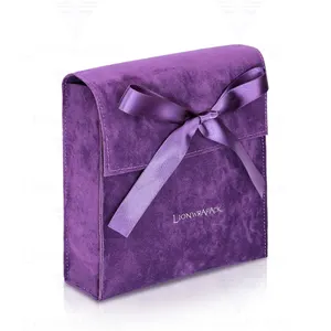 Factory Stock Velvet Pouches Luxury Custom Logo Envelope Flap Velvet Jewelry Bikini Packaging Bag Bow-knot Purple Suede Cosmetic Perfume Pouch