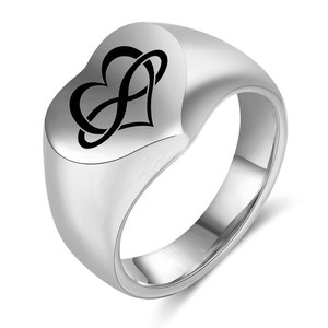 Heart Shaped Stainless Steel <b>Ring</b> 12mm Unisex <b>Couple</b> Jewelry Gift Black Engraved Design - Product Image 1