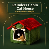 Lit pour chat de Noël, cadeau de vacances, maisonnette en peluche en forme de renne avec bois de cerf pour chatons et chats, grotte cachée confortable pour un sommeil profond