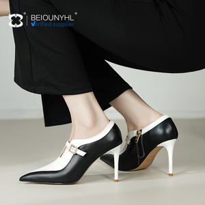 Trắng + đen Doanh Nhọn Khóa một dòng dây đeo chính hãng Da Stiletto gót sang trọng khí quyển mùa hè Phụ nữ dép - Product Image 6