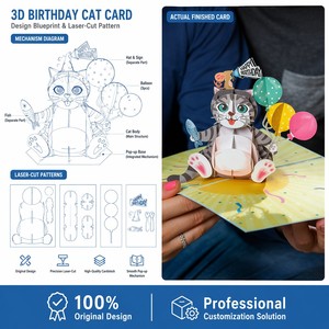 Tarjeta de felicitación de cumpleaños personalizada en 3D con diseño de gato, tarjeta de invitación impresa en papel, tarjeta de regalo con sobre de 5 x 7 pulgadas - Product Image 4