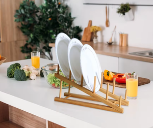 Égouttoir à vaisselle incliné en bambou naturel pour assiettes, organisateur de rangement pour placard de cuisine, séparateur de vaisselle - Product Image 2