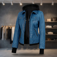 Blouson de moto en cuir de chèvre bleu pour femme avec capuche, fermeture éclair, coupe-vent, manteau d'automne, vente en gros, fournisseur de LOGO personnalisé 2026