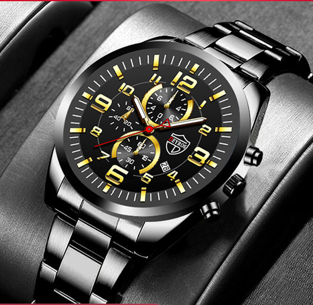 Stainless Steel Quartz Watch with Calendar and Luminous Hands Men's Fashion Waterproof Wristwatch