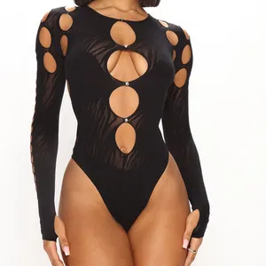 fashion black hollow high elastic women sexy bodysuit long sleeve thong style ladies tops jumpsuit for women