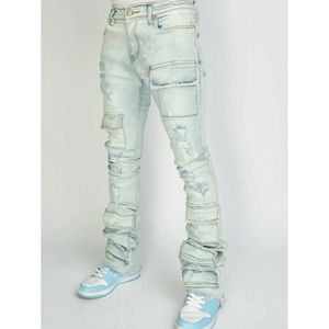 Dropshipping Retro Color Stone Wash <b>Stretch</b> Denim Jeans <b>Men</b> Slim Fit Ripped Multi Pocket Stacked Flare Pants - Product Image 3
