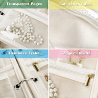 Organisateur de bijoux de voyage portable avec logo personnalisé, étui pour boucles d'oreilles et colliers, classeur de rangement avec pochette en velours à fermeture éclair transparente