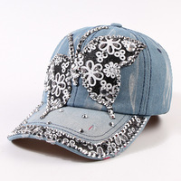 Casquette de baseball tendance pour femme, ornée de strass, en jean vieilli, avec diamants et clous
