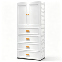 Armoire en plastique PP blanc 69x38x150cm avec tringle de suspension et 4 tiroirs, grand meuble de rangement pour vêtements pour chambre à coucher et maison