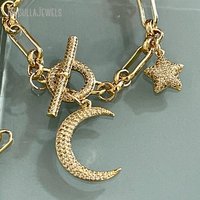 NM56082 Plaqué Or Multi Lune Étoile Charme Zircon Bascule Connecteur Homard Griffe Fermoir Superposition Chance Charm Bijoux Cadeau pour Elle