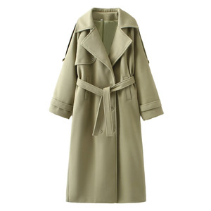 Manteau trench élégant pour femme en mélange de laine beige, longueur genou, double boutonnage, col rabattu, manches longues, pour l'automne - Product Image 6