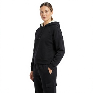 <b>Women</b> Eco-Friendly Solid Black <b>Sherpa</b> Lined Zip up Hoodie Fleece <b>Jacket</b> with Front Logo and Side Pockets Winter - Product Image 4